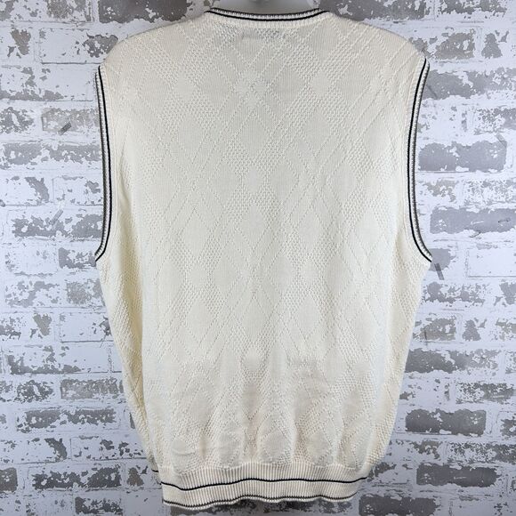 Vtg USA Made Sweater Vest Men’s XL Cream Blue Khaki Golf Bag Logo Cyprus Links - Picture 3 of 12